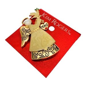 Peace Angel Vintage Kim Rogers  Holiday Brooch Pin Gold/Creme 2.75"